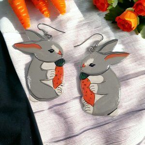 Bunny Vintage Earrings Hand Painted Wooden Womans Easter Rabbit Jewelry Costume